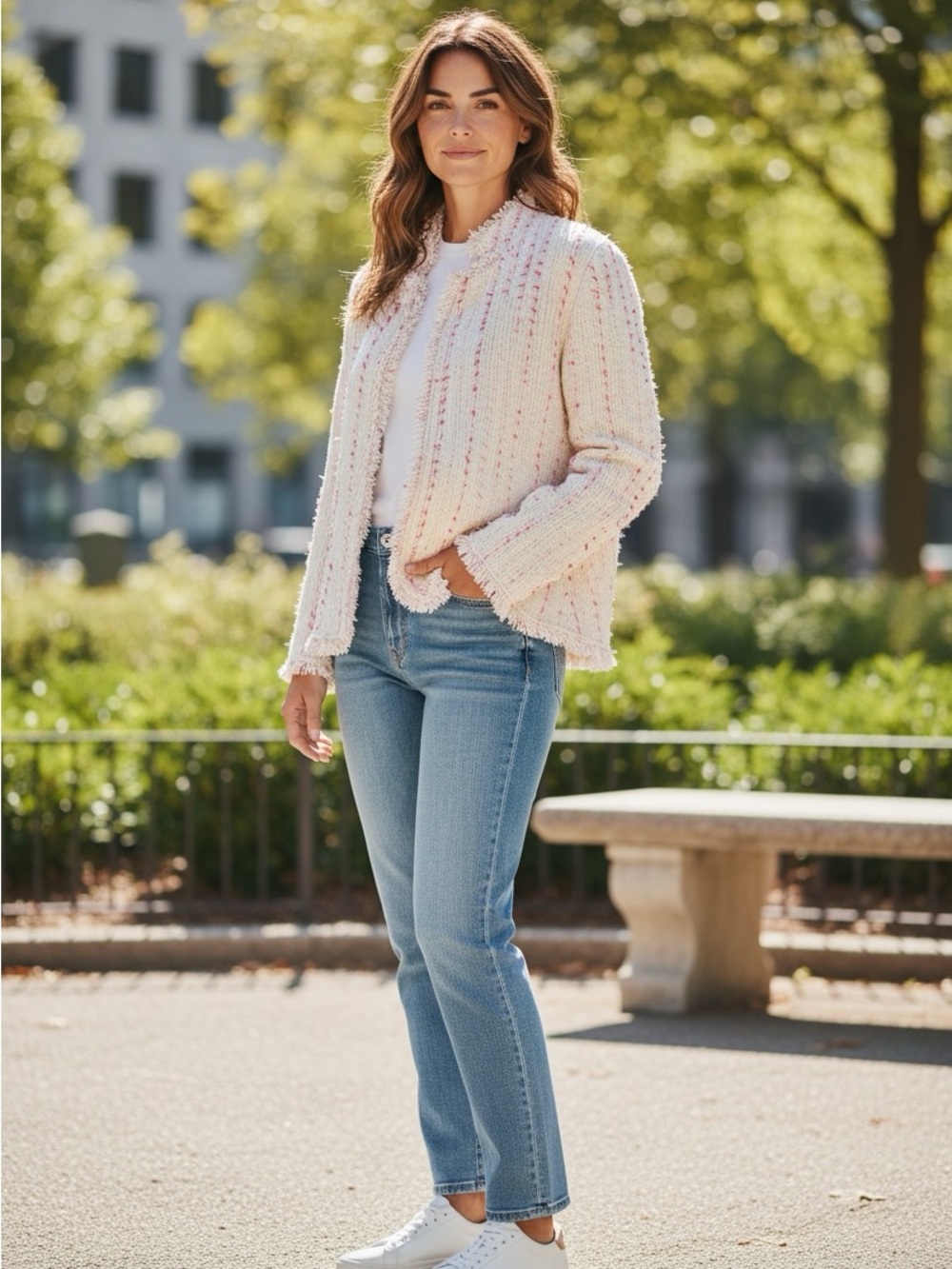 NIC+ZOE Fringe-Trim Textured Knit Jacket | Cream